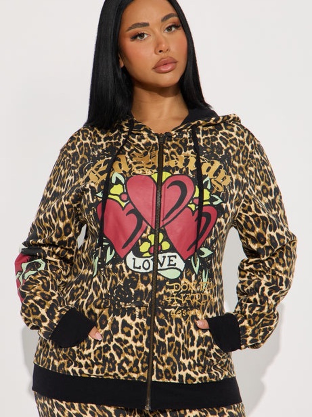 NWT Ed Hardy Leopard Love Zip Up Hoodie Oversized Graphic Fall 26 #019